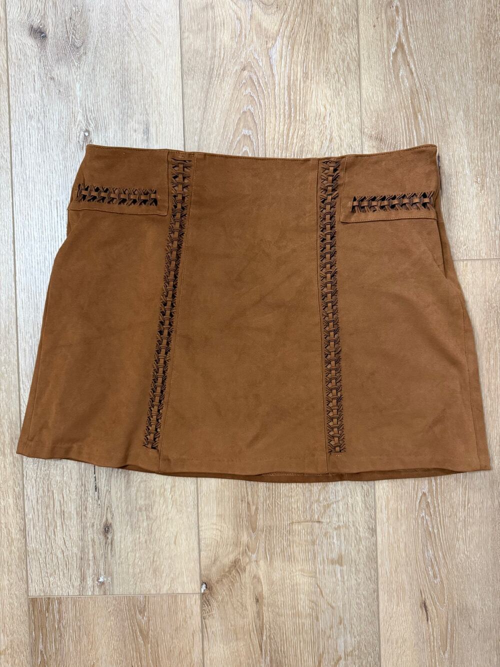Cato Brown Faux Suede Mini Skirt Size 14 Whipstitch Western Boho Y2K